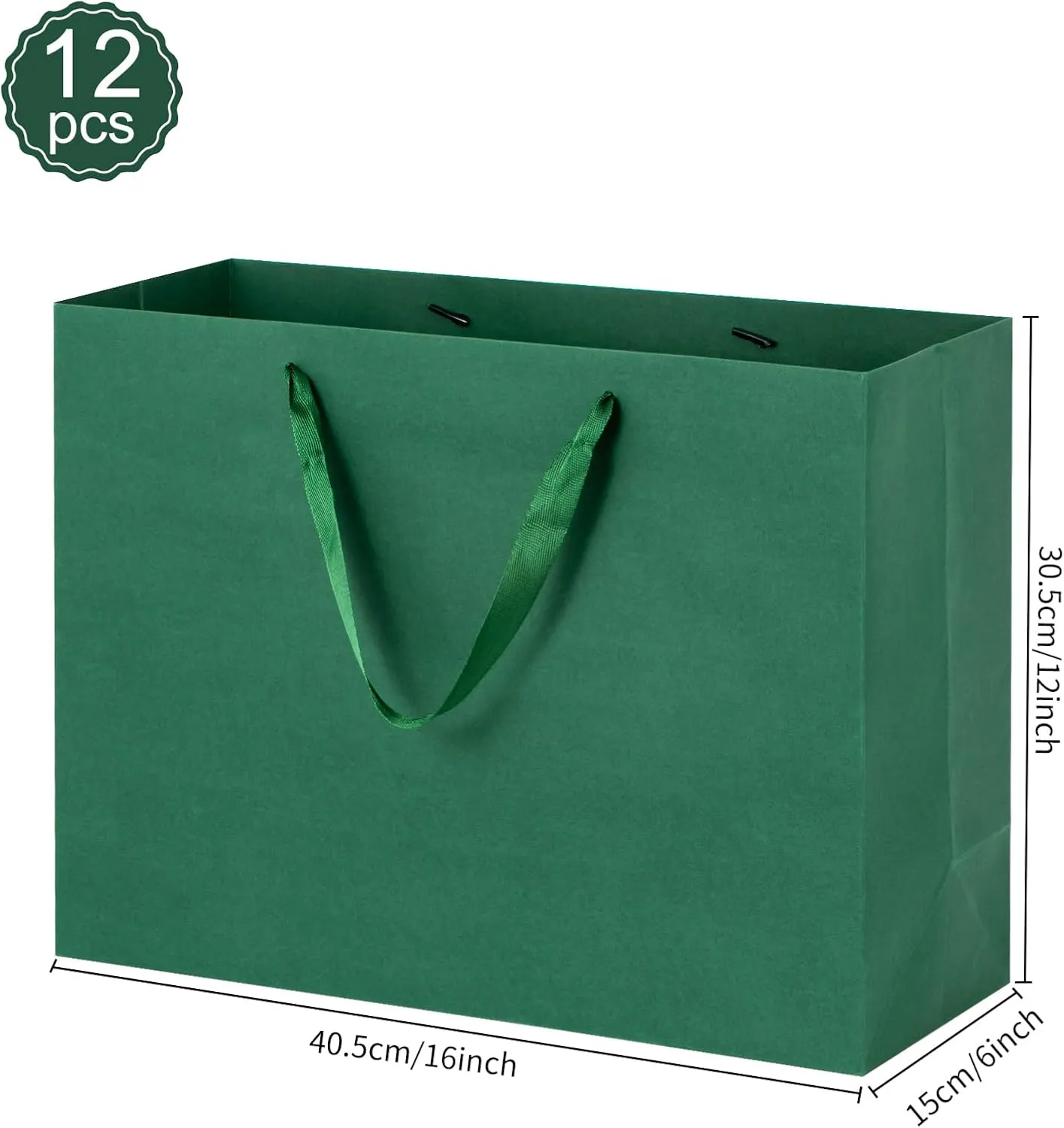 driew Large Green Gift Bags, 12 Pack Extra Large Dark Deep Green Gift Bag Ribbon Handles Heavy Duty Paper Gift Bags 15.8x5.9x12 inches Party Gift Bags for Shopping, Pakcing,Retail