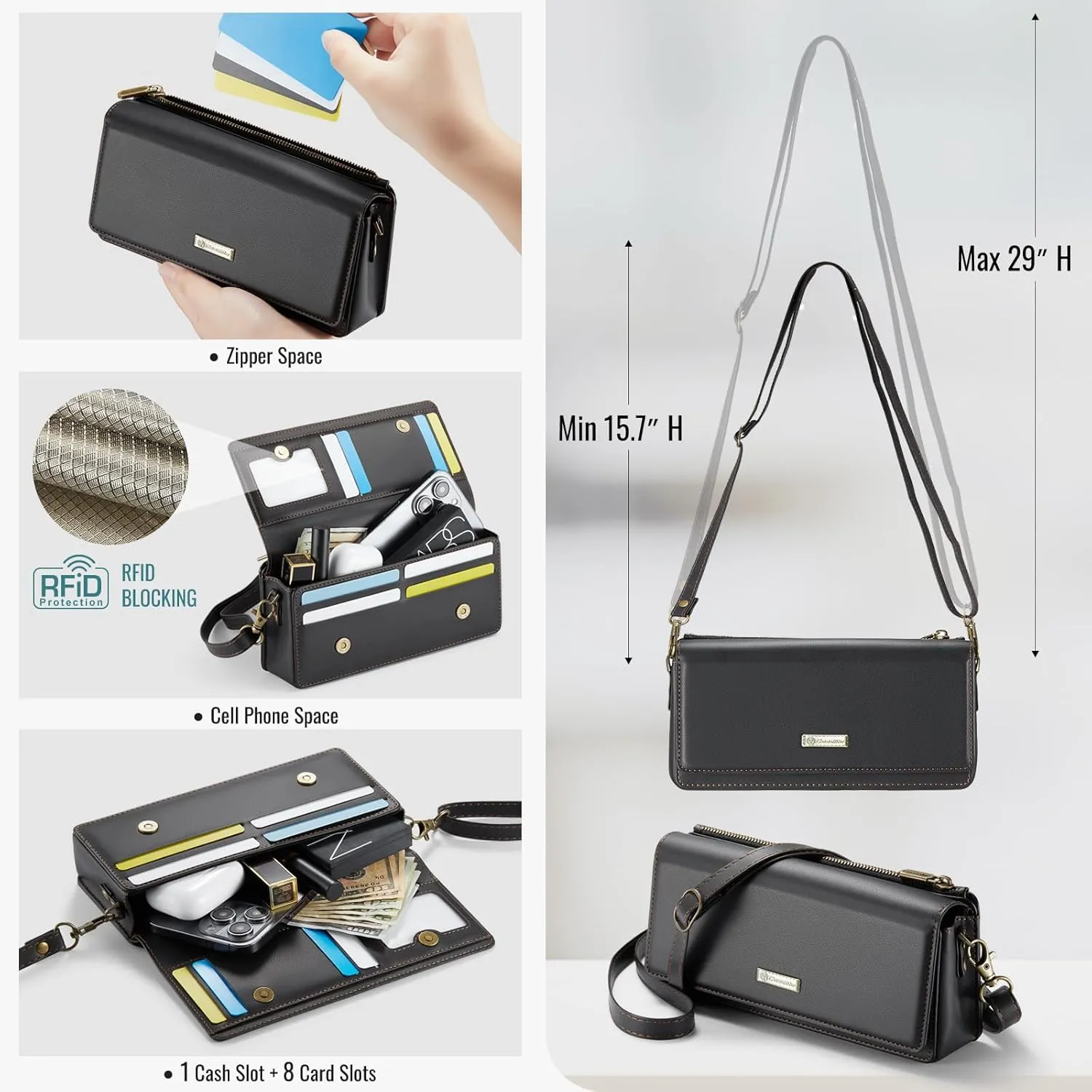 Dteck PU Leather Cell Phone Bag with Shoulder Strap and Wrist Strap Lanyard, 8 Card Slots, RFID Blocking, Zipper Pocket, Magnetic Snap Closure, Small Casual Crossbody Handbag Purse for Women, Black