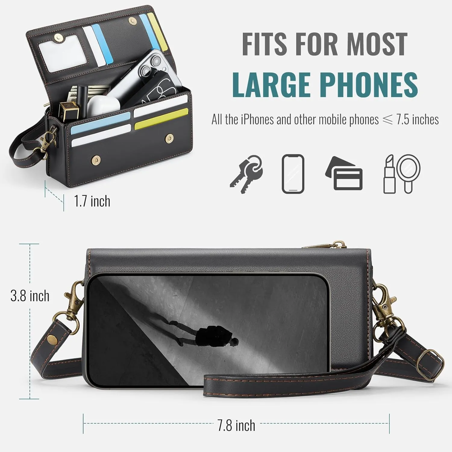 Dteck PU Leather Cell Phone Bag with Shoulder Strap and Wrist Strap Lanyard, 8 Card Slots, RFID Blocking, Zipper Pocket, Magnetic Snap Closure, Small Casual Crossbody Handbag Purse for Women, Black