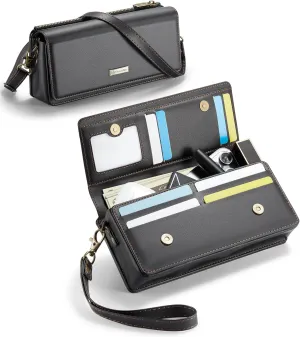 Dteck PU Leather Cell Phone Bag with Shoulder Strap and Wrist Strap Lanyard, 8 Card Slots, RFID Blocking, Zipper Pocket, Magnetic Snap Closure, Small Casual Crossbody Handbag Purse for Women, Black