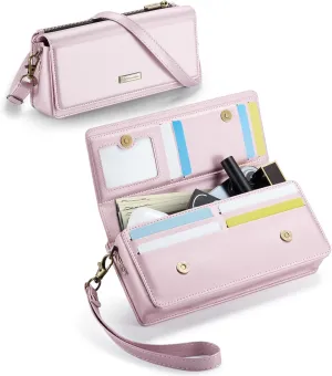 Dteck PU Leather Cell Phone Bag with Shoulder Strap and Wrist Strap Lanyard, 8 Card Slots, RFID Blocking, Zipper Pocket, Magnetic Snap Closure, Small Casual Crossbody Handbag Purse for Women, Pink