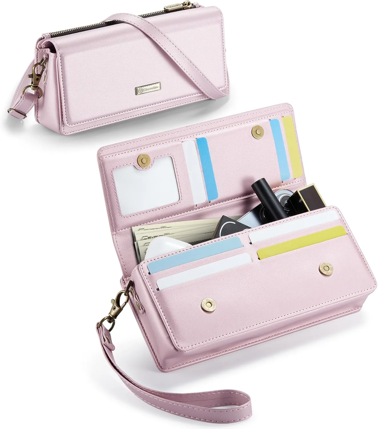 Dteck PU Leather Cell Phone Bag with Shoulder Strap and Wrist Strap Lanyard, 8 Card Slots, RFID Blocking, Zipper Pocket, Magnetic Snap Closure, Small Casual Crossbody Handbag Purse for Women, Pink