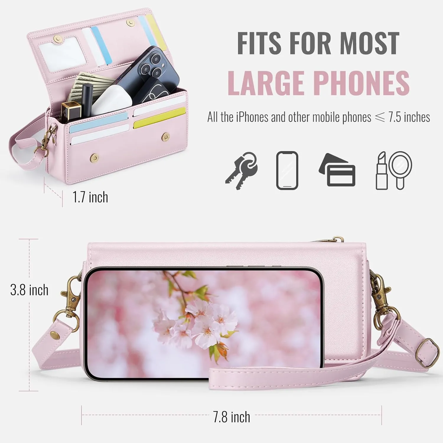 Dteck PU Leather Cell Phone Bag with Shoulder Strap and Wrist Strap Lanyard, 8 Card Slots, RFID Blocking, Zipper Pocket, Magnetic Snap Closure, Small Casual Crossbody Handbag Purse for Women, Pink