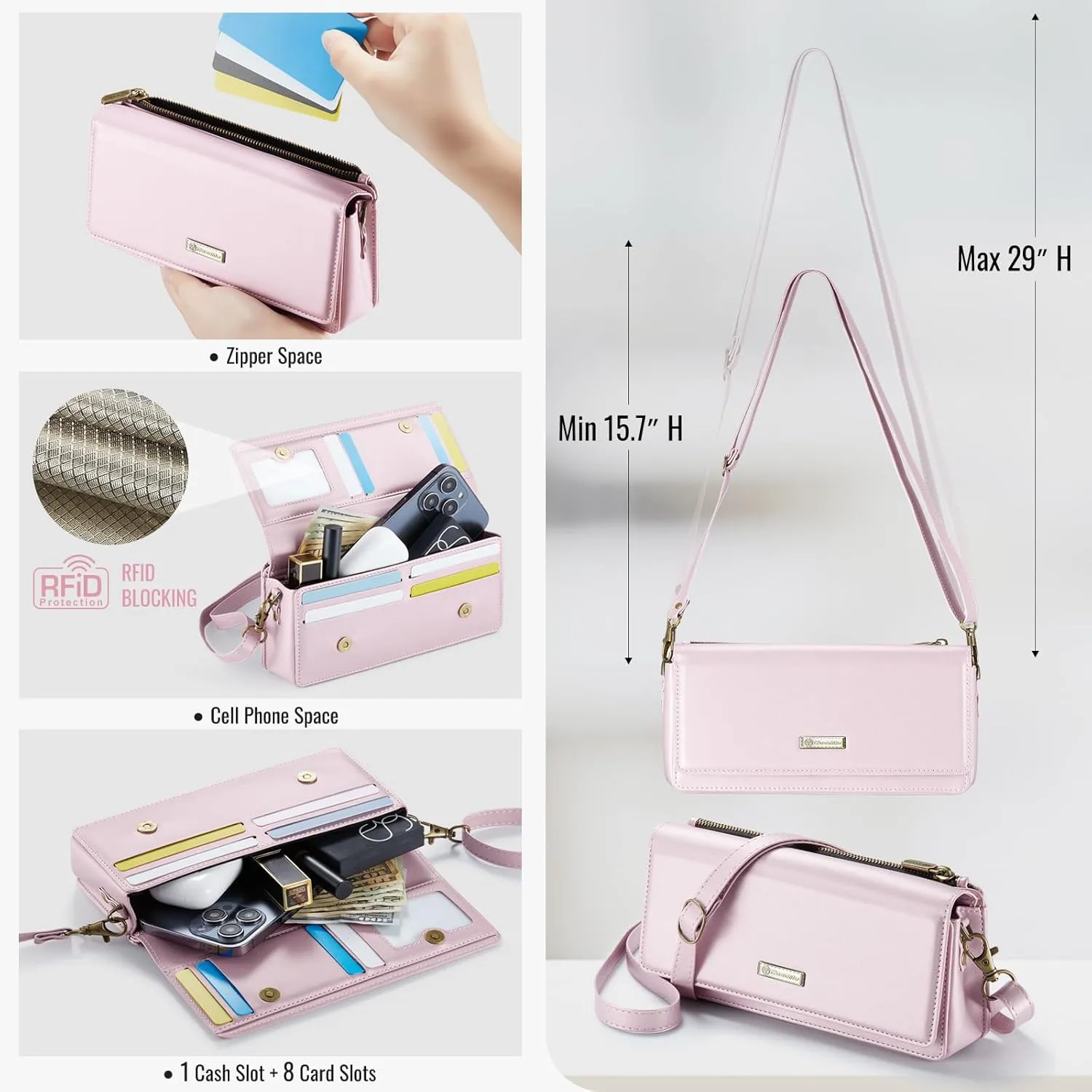 Dteck PU Leather Cell Phone Bag with Shoulder Strap and Wrist Strap Lanyard, 8 Card Slots, RFID Blocking, Zipper Pocket, Magnetic Snap Closure, Small Casual Crossbody Handbag Purse for Women, Pink