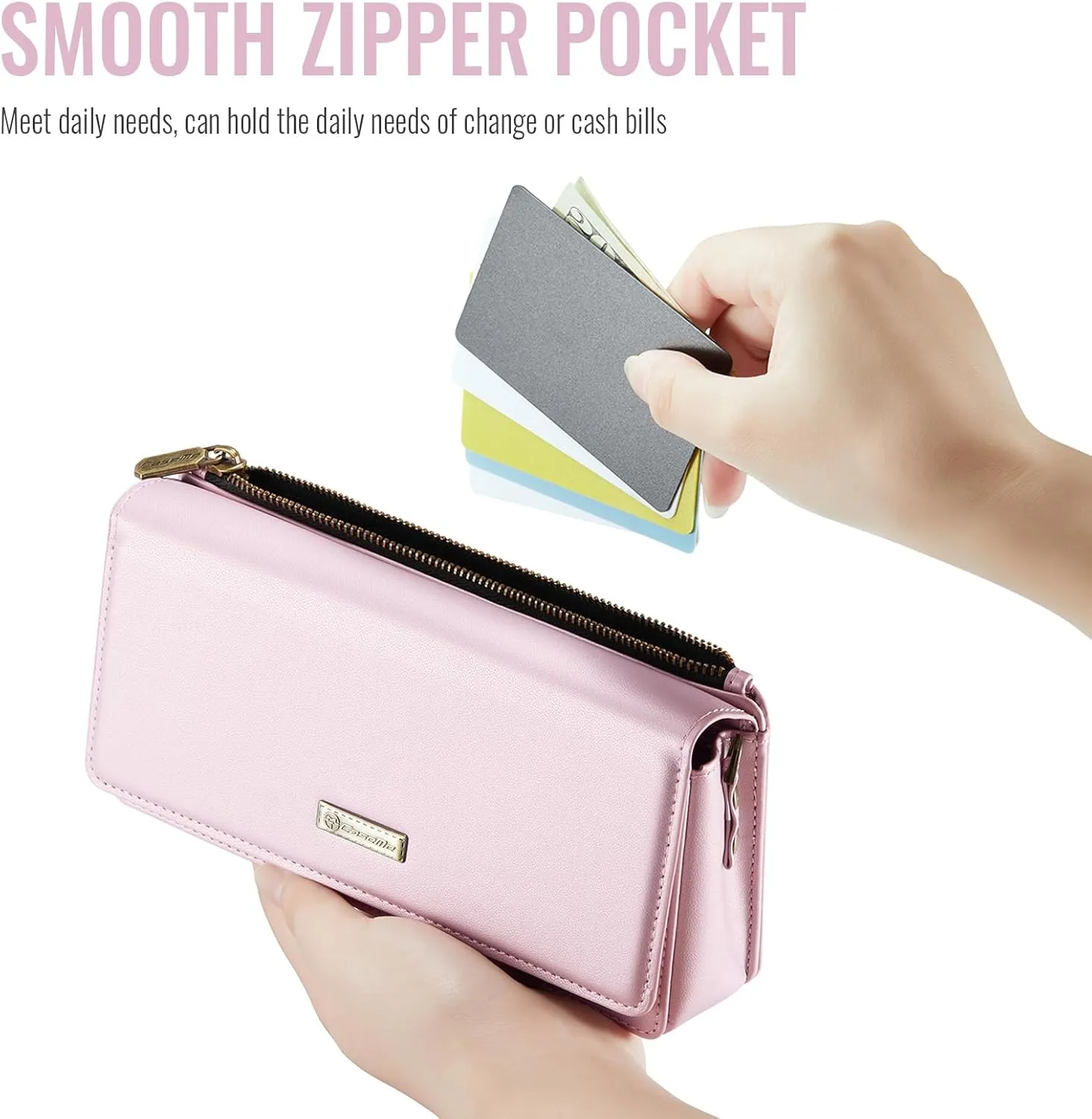 Dteck PU Leather Cell Phone Bag with Shoulder Strap and Wrist Strap Lanyard, 8 Card Slots, RFID Blocking, Zipper Pocket, Magnetic Snap Closure, Small Casual Crossbody Handbag Purse for Women, Pink