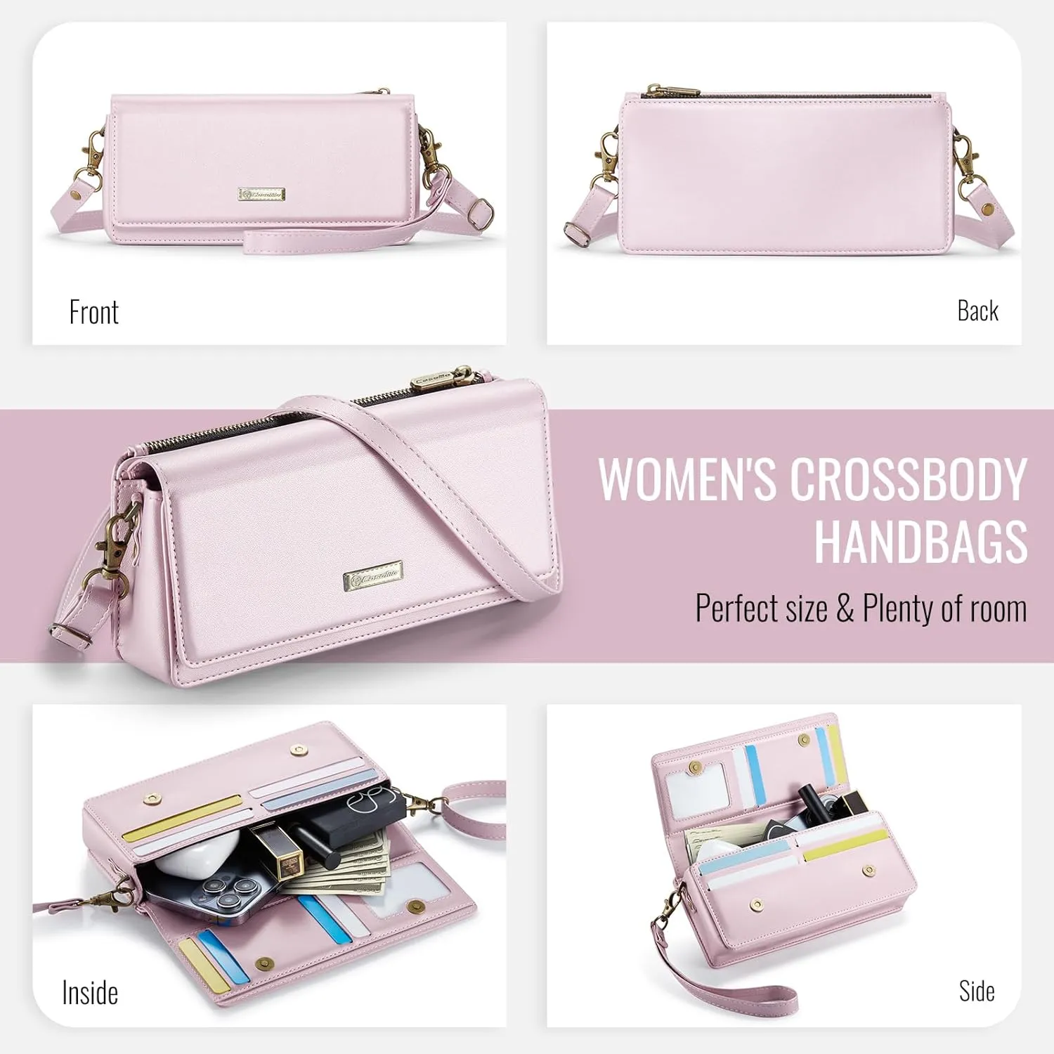 Dteck PU Leather Cell Phone Bag with Shoulder Strap and Wrist Strap Lanyard, 8 Card Slots, RFID Blocking, Zipper Pocket, Magnetic Snap Closure, Small Casual Crossbody Handbag Purse for Women, Pink