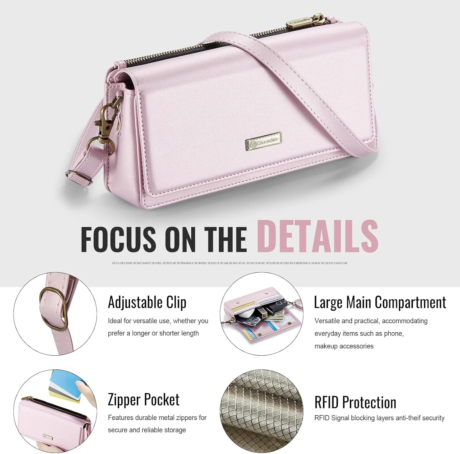 Dteck PU Leather Cell Phone Bag with Shoulder Strap and Wrist Strap Lanyard, 8 Card Slots, RFID Blocking, Zipper Pocket, Magnetic Snap Closure, Small Casual Crossbody Handbag Purse for Women, Pink