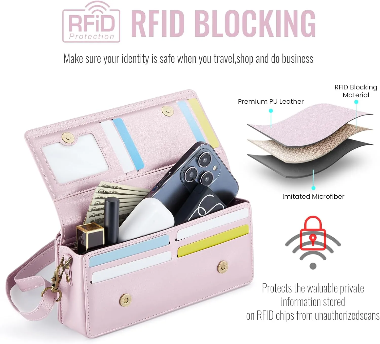 Dteck PU Leather Cell Phone Bag with Shoulder Strap and Wrist Strap Lanyard, 8 Card Slots, RFID Blocking, Zipper Pocket, Magnetic Snap Closure, Small Casual Crossbody Handbag Purse for Women, Pink