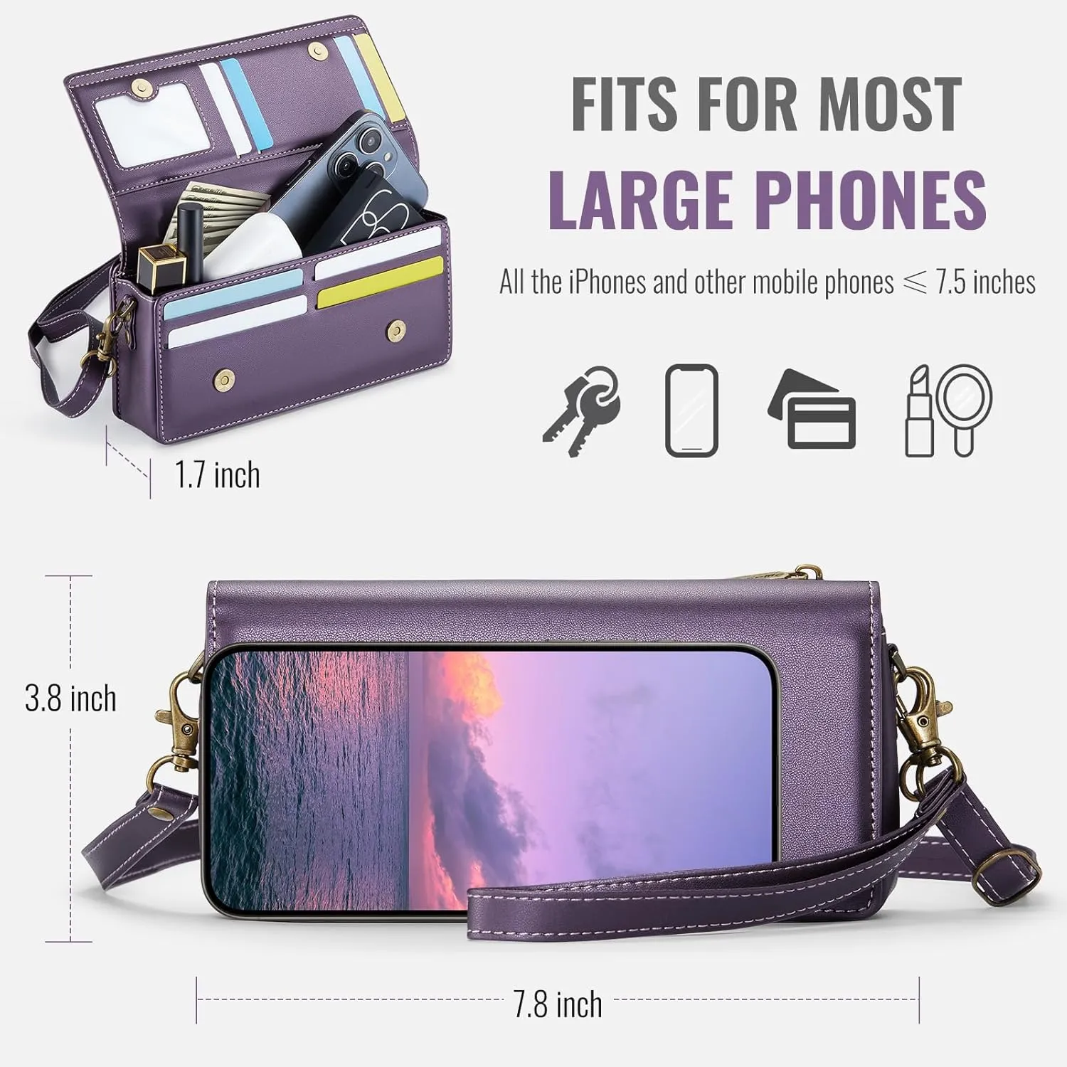 Dteck PU Leather Cell Phone Bag with Shoulder Strap and Wrist Strap Lanyard, 8 Card Slots, RFID Blocking, Zipper Pocket, Magnetic Snap Closure, Small Casual Crossbody Handbag Purse for Women, Purple