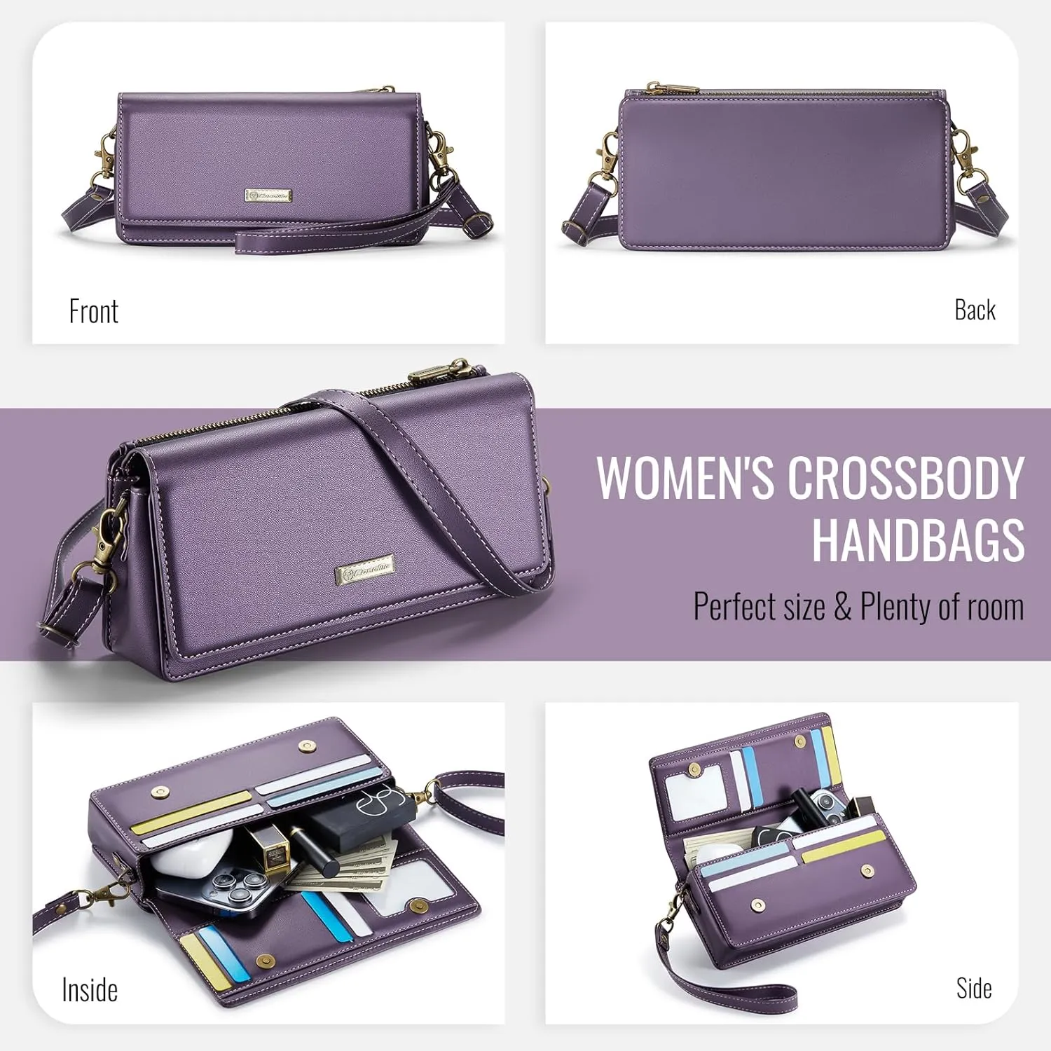 Dteck PU Leather Cell Phone Bag with Shoulder Strap and Wrist Strap Lanyard, 8 Card Slots, RFID Blocking, Zipper Pocket, Magnetic Snap Closure, Small Casual Crossbody Handbag Purse for Women, Purple