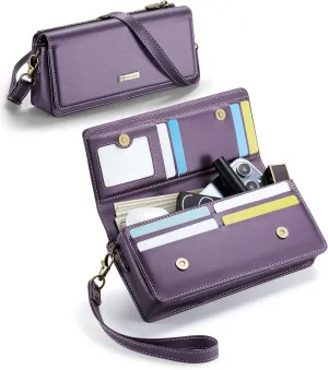 Dteck PU Leather Cell Phone Bag with Shoulder Strap and Wrist Strap Lanyard, 8 Card Slots, RFID Blocking, Zipper Pocket, Magnetic Snap Closure, Small Casual Crossbody Handbag Purse for Women, Purple
