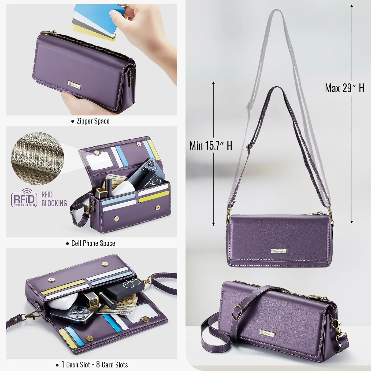 Dteck PU Leather Cell Phone Bag with Shoulder Strap and Wrist Strap Lanyard, 8 Card Slots, RFID Blocking, Zipper Pocket, Magnetic Snap Closure, Small Casual Crossbody Handbag Purse for Women, Purple