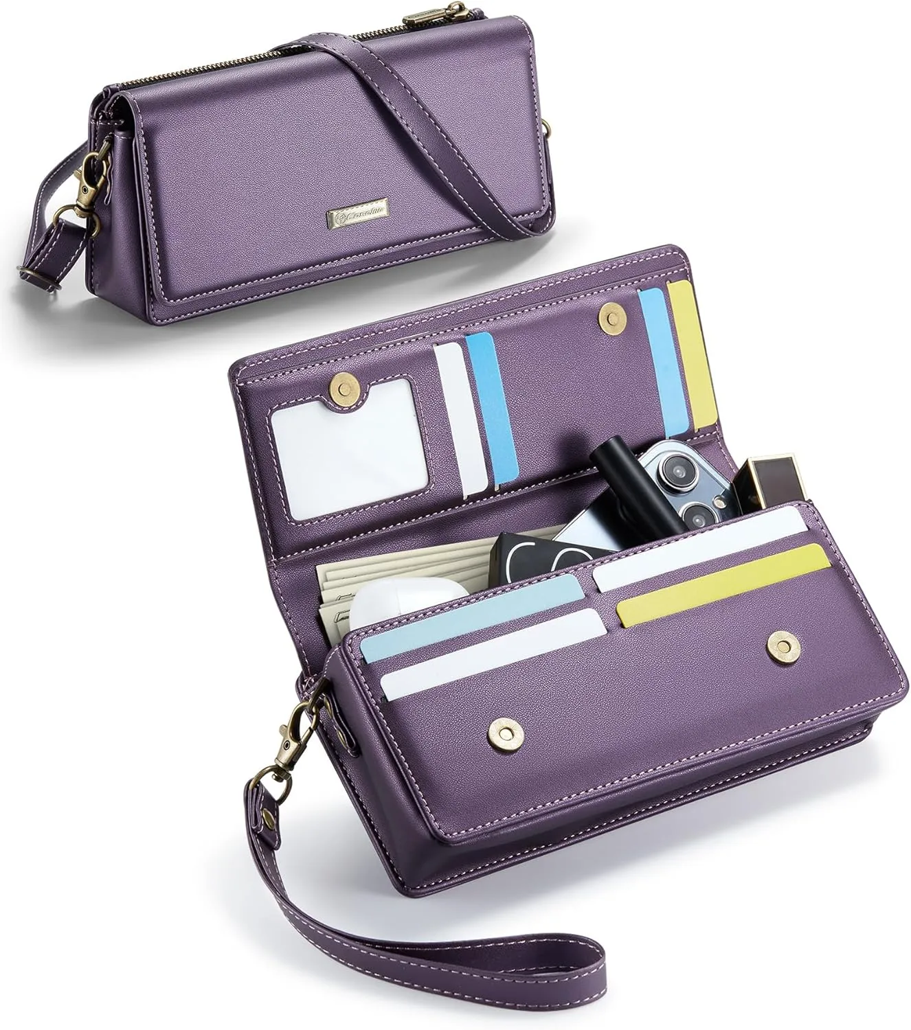 Dteck PU Leather Cell Phone Bag with Shoulder Strap and Wrist Strap Lanyard, 8 Card Slots, RFID Blocking, Zipper Pocket, Magnetic Snap Closure, Small Casual Crossbody Handbag Purse for Women, Purple