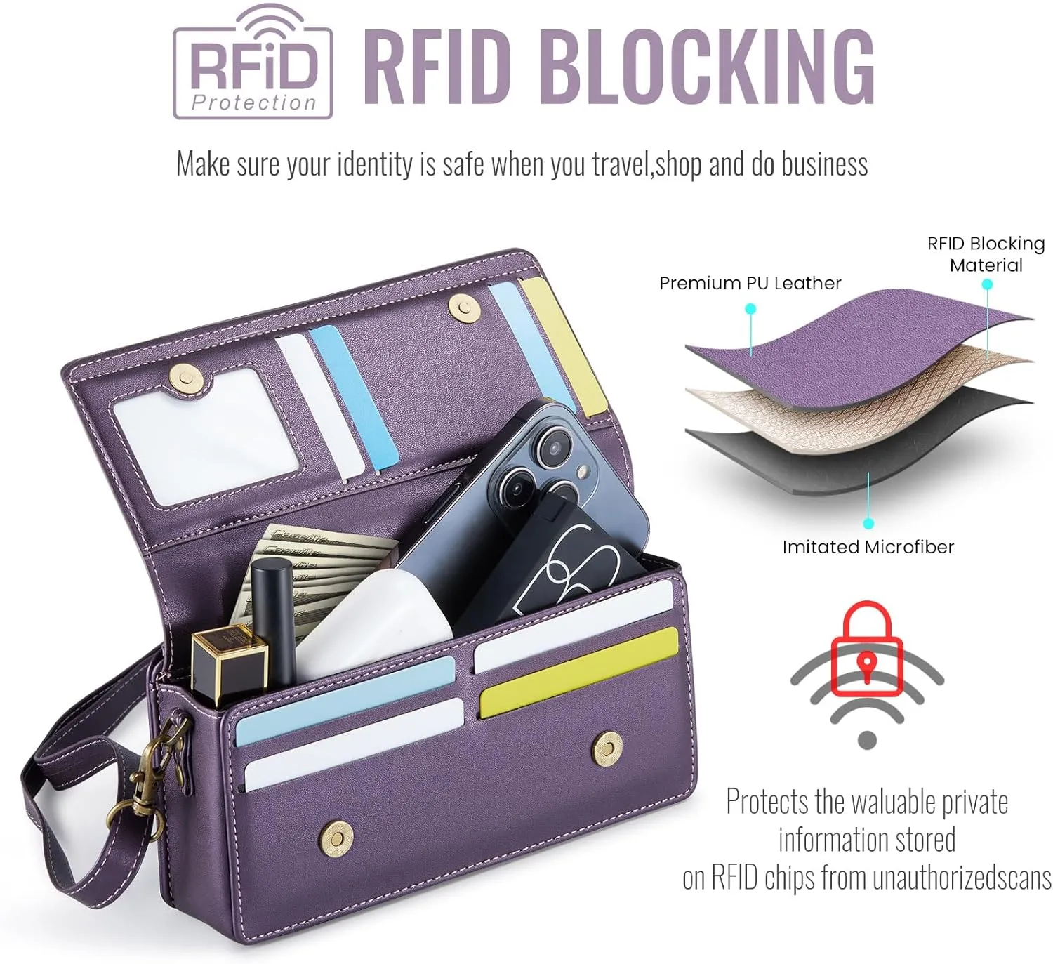Dteck PU Leather Cell Phone Bag with Shoulder Strap and Wrist Strap Lanyard, 8 Card Slots, RFID Blocking, Zipper Pocket, Magnetic Snap Closure, Small Casual Crossbody Handbag Purse for Women, Purple