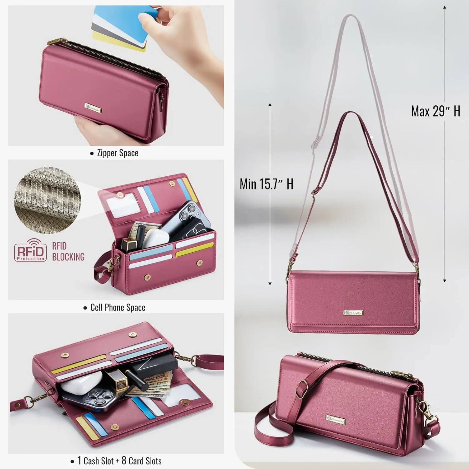 Dteck PU Leather Cell Phone Bag with Shoulder Strap and Wrist Strap Lanyard, 8 Card Slots, RFID Blocking, Zipper Pocket, Magnetic Snap Closure, Small Casual Crossbody Handbag Purse for Women, Red
