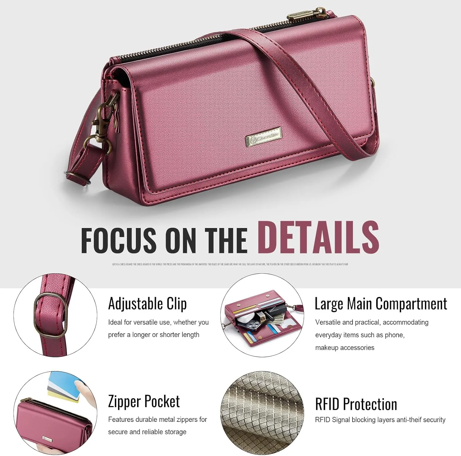 Dteck PU Leather Cell Phone Bag with Shoulder Strap and Wrist Strap Lanyard, 8 Card Slots, RFID Blocking, Zipper Pocket, Magnetic Snap Closure, Small Casual Crossbody Handbag Purse for Women, Red