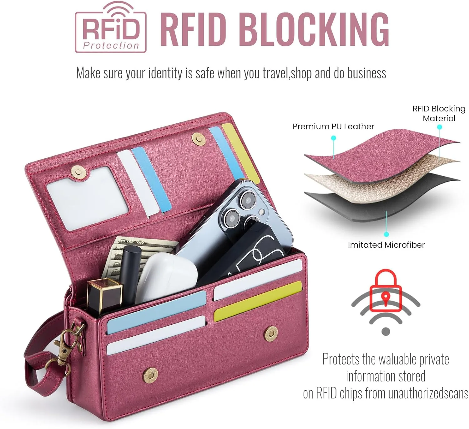 Dteck PU Leather Cell Phone Bag with Shoulder Strap and Wrist Strap Lanyard, 8 Card Slots, RFID Blocking, Zipper Pocket, Magnetic Snap Closure, Small Casual Crossbody Handbag Purse for Women, Red