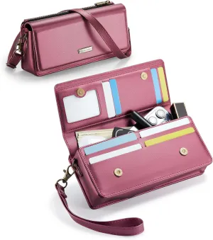 Dteck PU Leather Cell Phone Bag with Shoulder Strap and Wrist Strap Lanyard, 8 Card Slots, RFID Blocking, Zipper Pocket, Magnetic Snap Closure, Small Casual Crossbody Handbag Purse for Women, Red