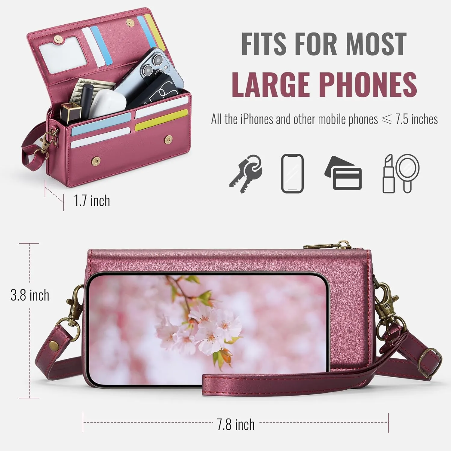 Dteck PU Leather Cell Phone Bag with Shoulder Strap and Wrist Strap Lanyard, 8 Card Slots, RFID Blocking, Zipper Pocket, Magnetic Snap Closure, Small Casual Crossbody Handbag Purse for Women, Red