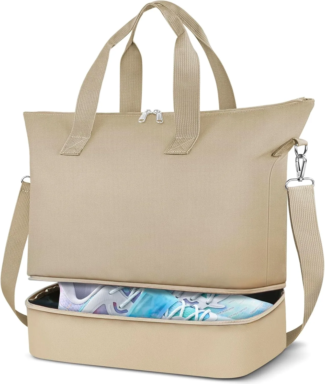 Duffel Bag for Women Men,Carry-On Weekender Overnight Bag with Shoe Compartment for Travel,Personal Item Gym Sports (Khaki)