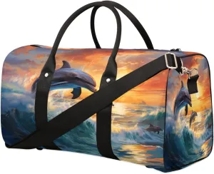 Duffel Bags Ocean Waves Dolphins Large Tote Bag Aquatic Animal Overnight Travel Bags for Women Men Lightweight Duffel Bag Adjustable Strap Carry On Bag Waterproof Gym Travel Bag