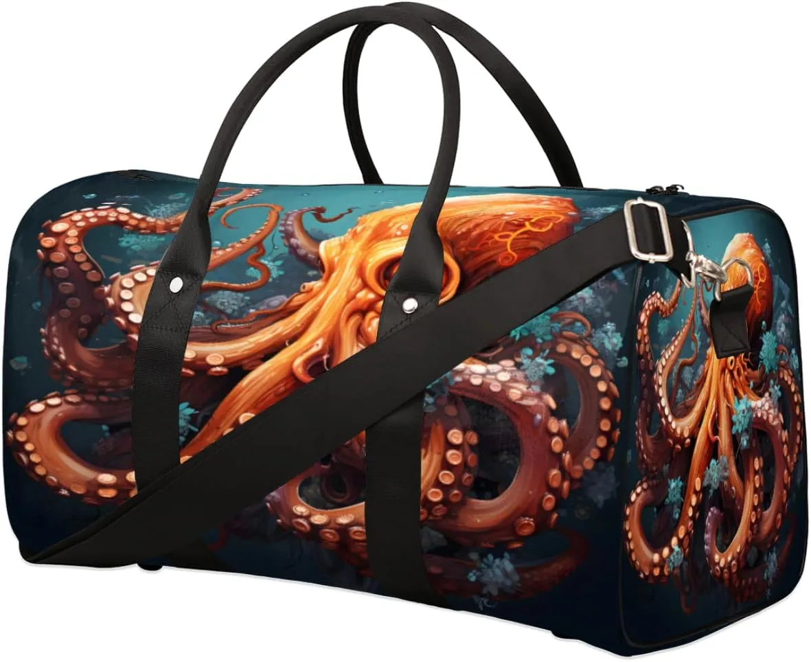 Duffel Bags Octopus Large Tote Bag Orange Octopus Overnight Travel Bags for Women Men Lightweight Duffel Bag Adjustable Strap Carry On Bag Waterproof Gym Travel Bag