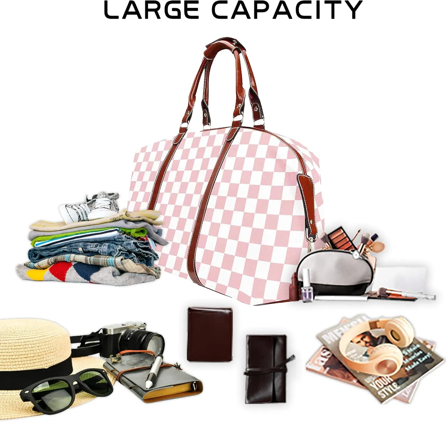Duffel Weekender Overnight Travel Carry on Bags Checkerboard Sport Gym Tote with Pocket for Women