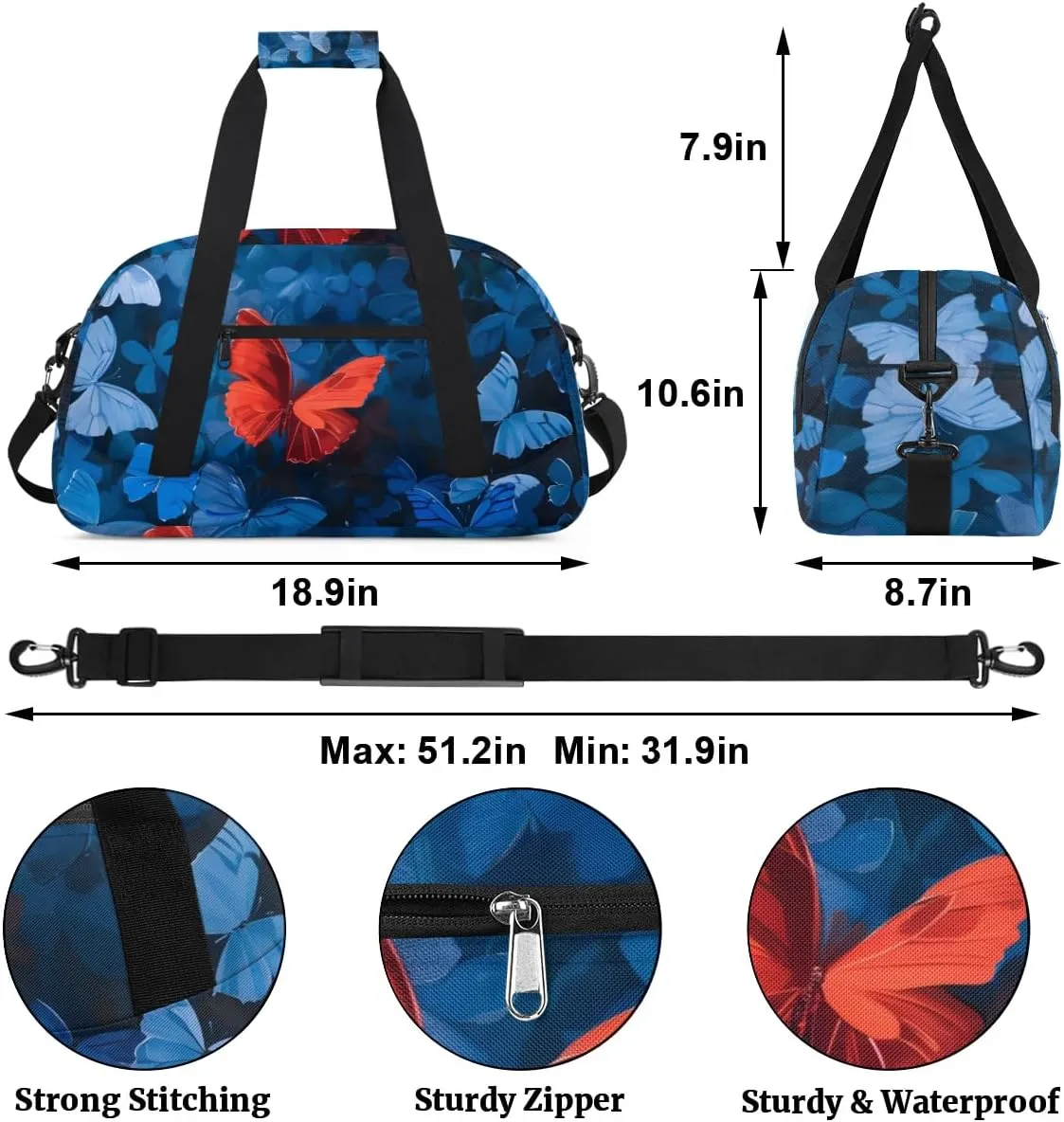 Duffle Bag Butterfly Flower Red Animal Gym Bag Travel Bag Luggage Bag Waterproof Lightweight Sports for Dance Gymnastics Cheers Soccer Wrestling Hospital, for Weekender Overnight
