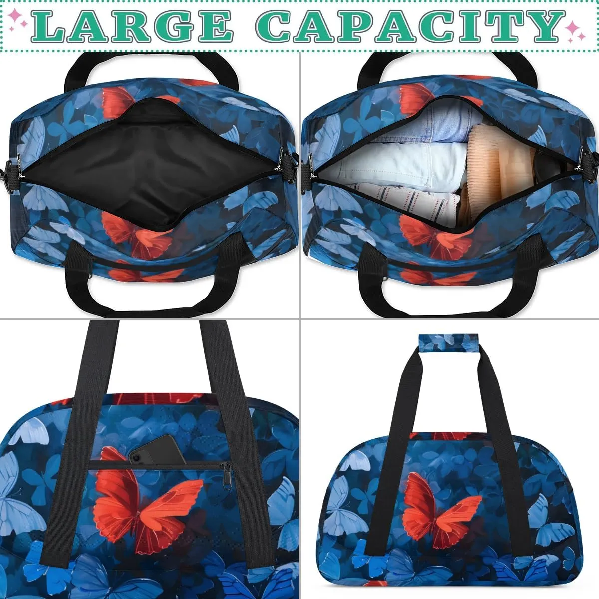 Duffle Bag Butterfly Flower Red Animal Gym Bag Travel Bag Luggage Bag Waterproof Lightweight Sports for Dance Gymnastics Cheers Soccer Wrestling Hospital, for Weekender Overnight