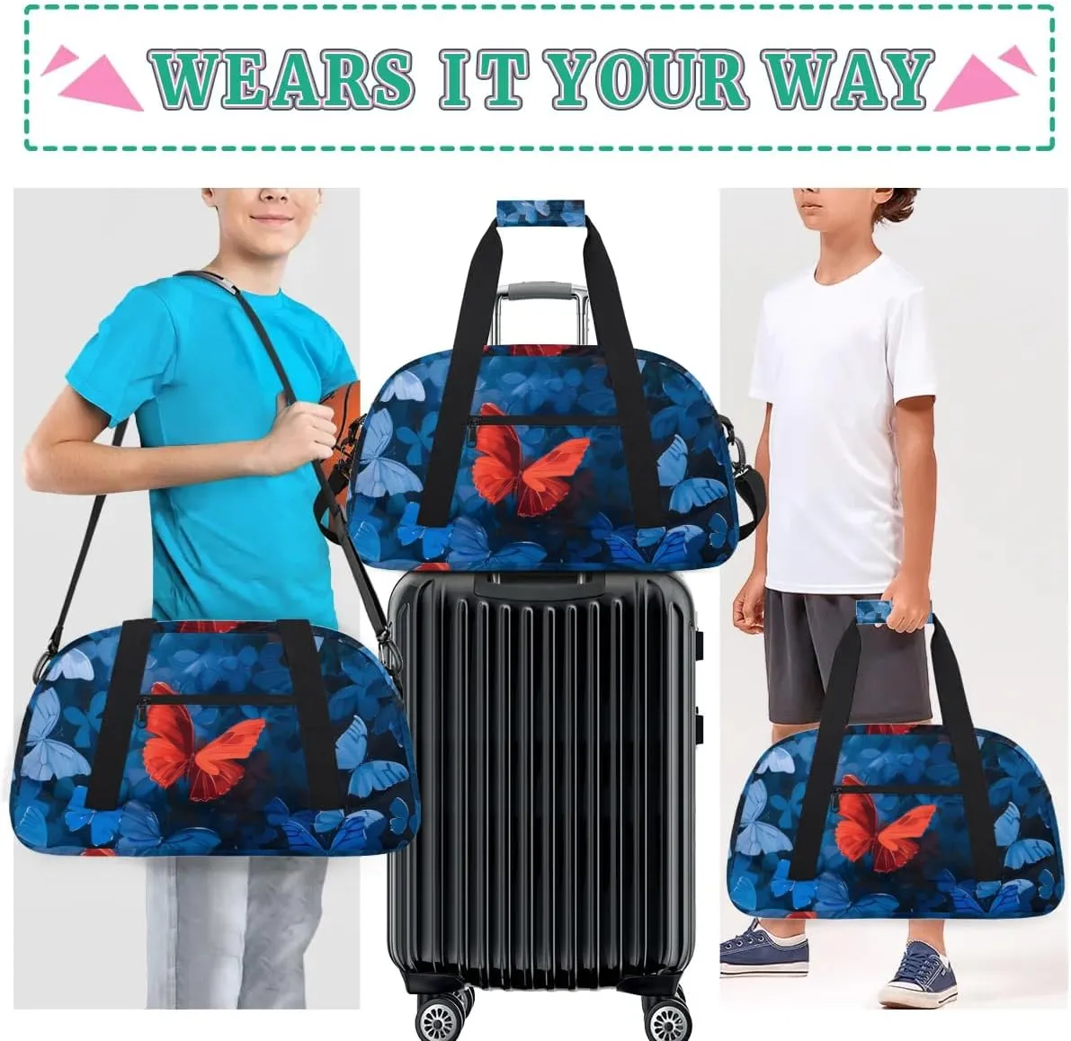 Duffle Bag Butterfly Flower Red Animal Gym Bag Travel Bag Luggage Bag Waterproof Lightweight Sports for Dance Gymnastics Cheers Soccer Wrestling Hospital, for Weekender Overnight