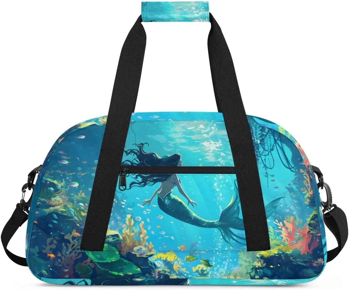 Duffle Bag Mermaid Sea Fish Seaweed Gym Bag Travel Bag Luggage Bag Waterproof Lightweight Sports for Dance Gymnastics Cheers Soccer Wrestling Hospital, for Weekender Overnight