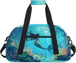 Duffle Bag Mermaid Sea Fish Seaweed Gym Bag Travel Bag Luggage Bag Waterproof Lightweight Sports for Dance Gymnastics Cheers Soccer Wrestling Hospital, for Weekender Overnight