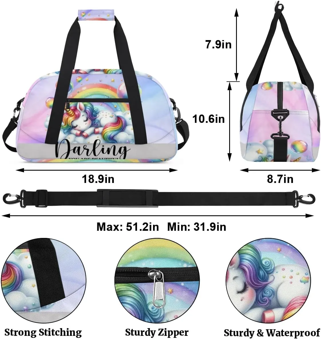 Duffle Bag Unicorn Rainbow Bubbles PersonalizedGym Bag Travel Bag Luggage Bag Waterproof Lightweight Sports for Dance Gymnastics Cheers Soccer Wrestling Hospital, for Weekender Overnight