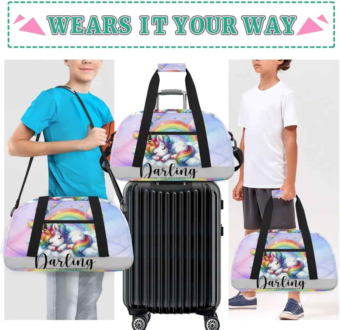 Duffle Bag Unicorn Rainbow Bubbles PersonalizedGym Bag Travel Bag Luggage Bag Waterproof Lightweight Sports for Dance Gymnastics Cheers Soccer Wrestling Hospital, for Weekender Overnight