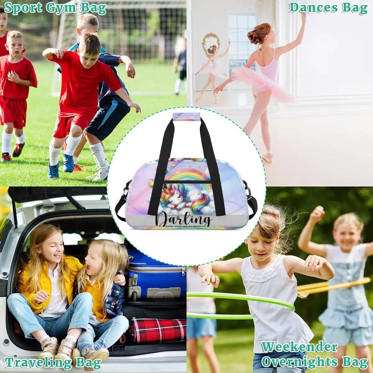 Duffle Bag Unicorn Rainbow Bubbles PersonalizedGym Bag Travel Bag Luggage Bag Waterproof Lightweight Sports for Dance Gymnastics Cheers Soccer Wrestling Hospital, for Weekender Overnight