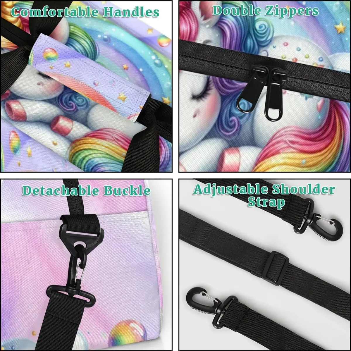 Duffle Bag Unicorn Rainbow Bubbles PersonalizedGym Bag Travel Bag Luggage Bag Waterproof Lightweight Sports for Dance Gymnastics Cheers Soccer Wrestling Hospital, for Weekender Overnight