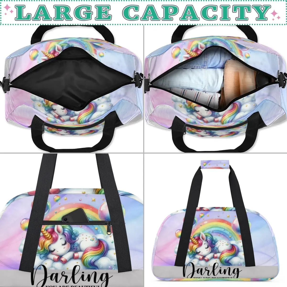 Duffle Bag Unicorn Rainbow Bubbles PersonalizedGym Bag Travel Bag Luggage Bag Waterproof Lightweight Sports for Dance Gymnastics Cheers Soccer Wrestling Hospital, for Weekender Overnight
