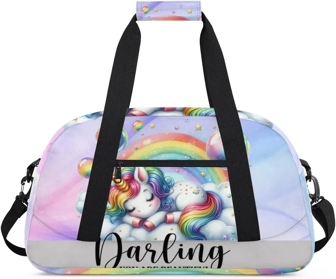Duffle Bag Unicorn Rainbow Bubbles PersonalizedGym Bag Travel Bag Luggage Bag Waterproof Lightweight Sports for Dance Gymnastics Cheers Soccer Wrestling Hospital, for Weekender Overnight