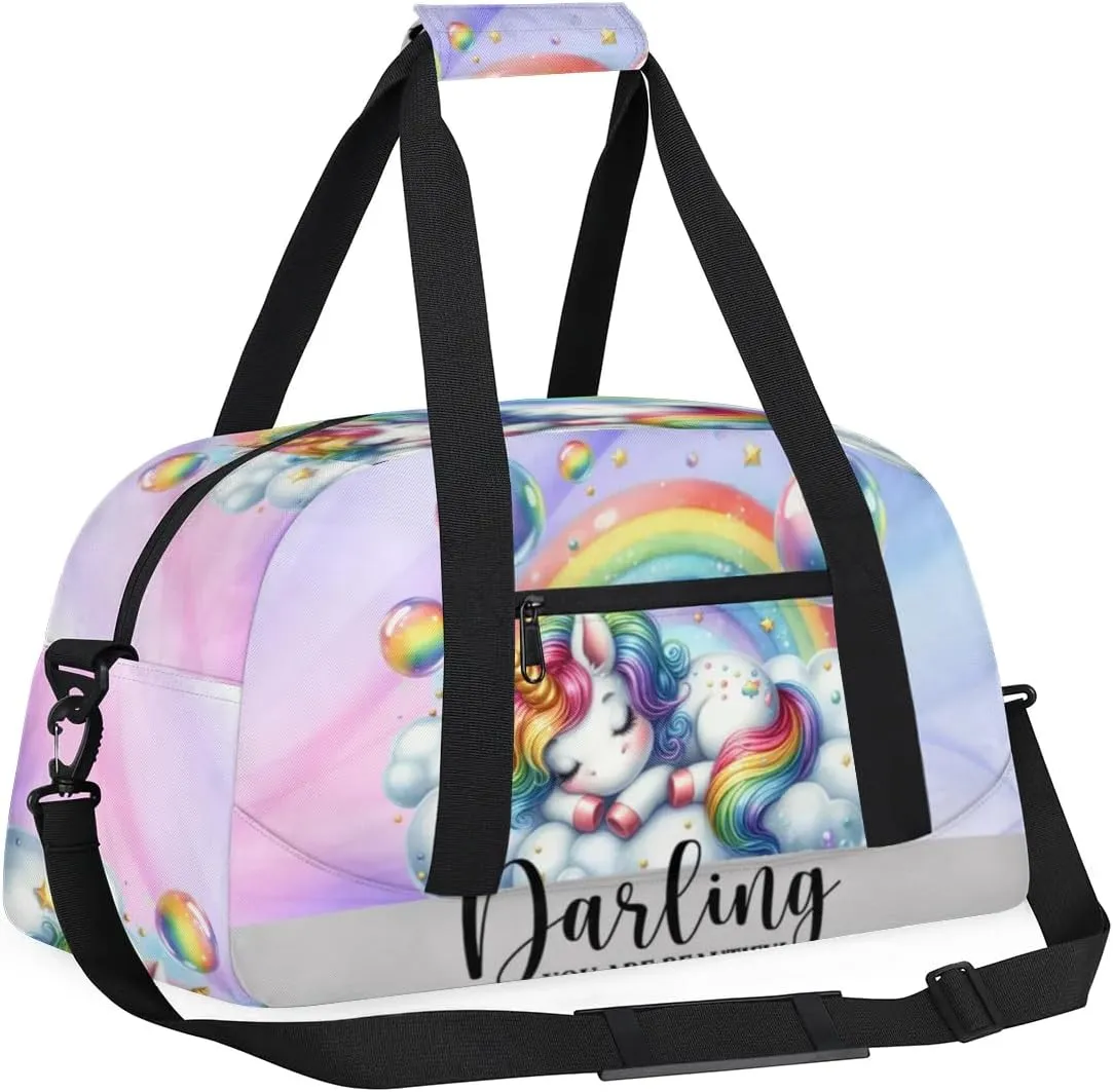 Duffle Bag Unicorn Rainbow Bubbles PersonalizedGym Bag Travel Bag Luggage Bag Waterproof Lightweight Sports for Dance Gymnastics Cheers Soccer Wrestling Hospital, for Weekender Overnight