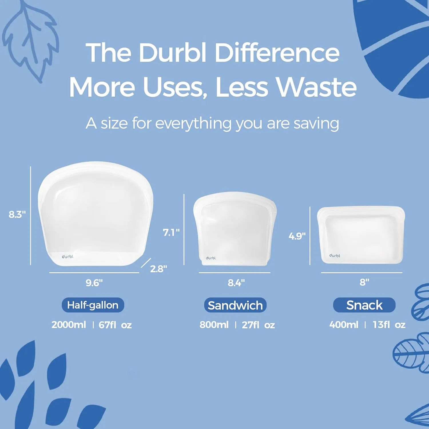 Durbl-Reusable Silicone Bags, 5 Pack(Lemon), Snack  Sandwich  Half-Gallon, Microwave, Dishwasher and Freezer Safe Silicone Bags For Food & Travel, Reusable Baggies Perfect for Snack Sandwich Storage