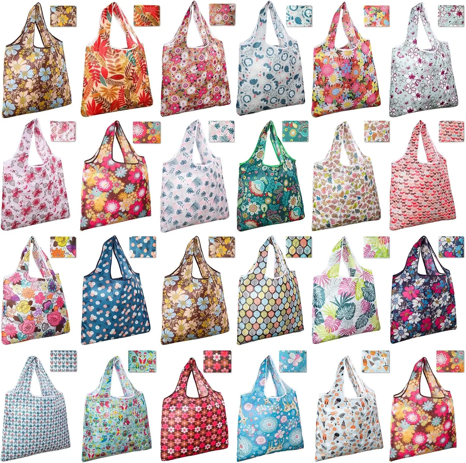 Eccliy 24 Pieces Reusable Grocery Bags Polyester Shopping Bags for Groceries Multi Colors Reusable Foldable Shopping Tote(Flower Style)