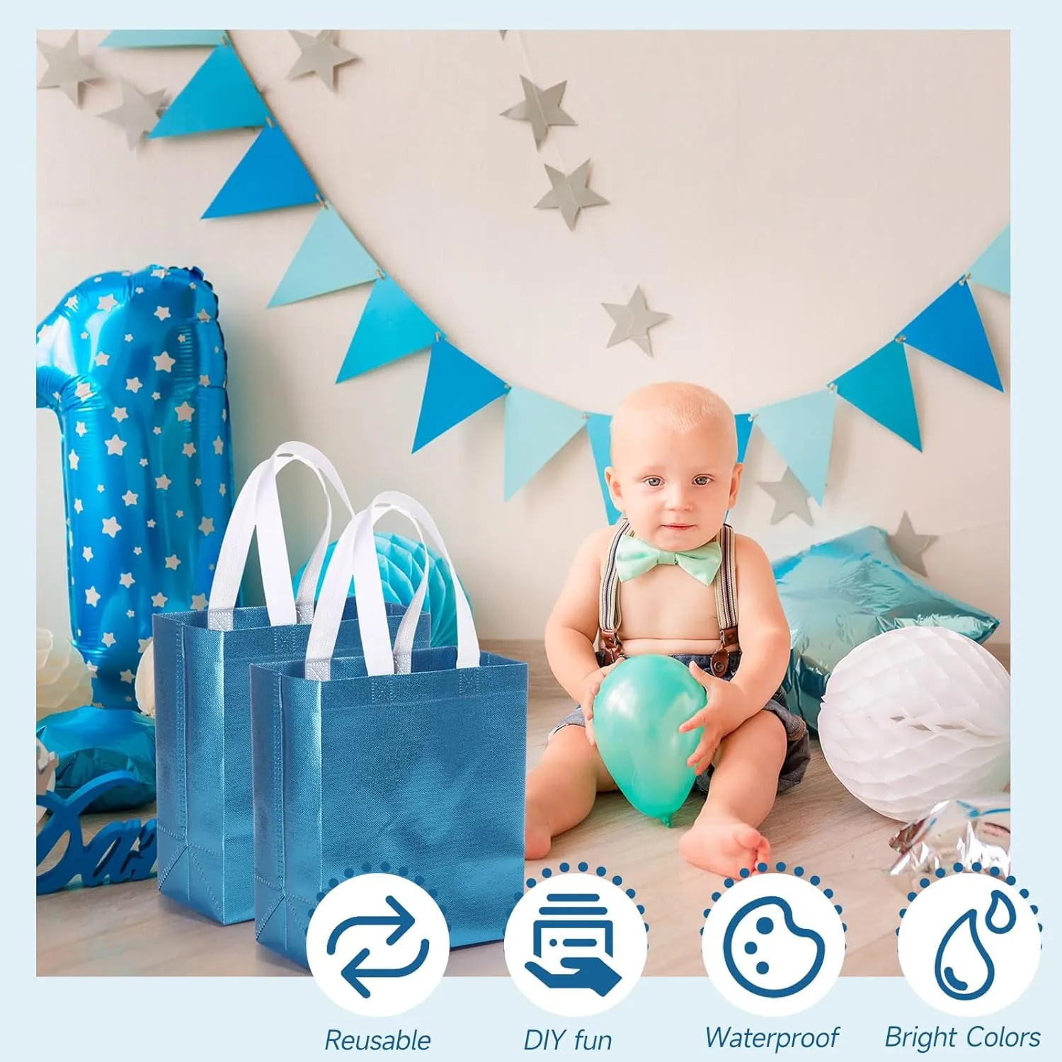 Eccliy 80 Pieces Gift Bags Set Glossy Reusable Tote with Handles Grocery Bags Bulk for Wedding, Bachelorette Party, Christmas(Medium,Lake Blue)