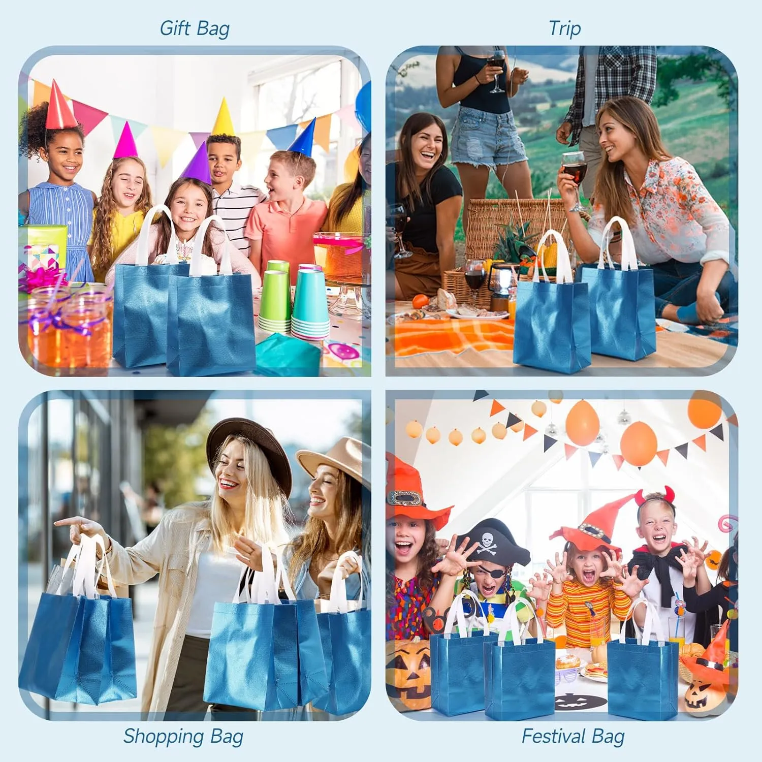 Eccliy 80 Pieces Gift Bags Set Glossy Reusable Tote with Handles Grocery Bags Bulk for Wedding, Bachelorette Party, Christmas(Medium,Lake Blue)