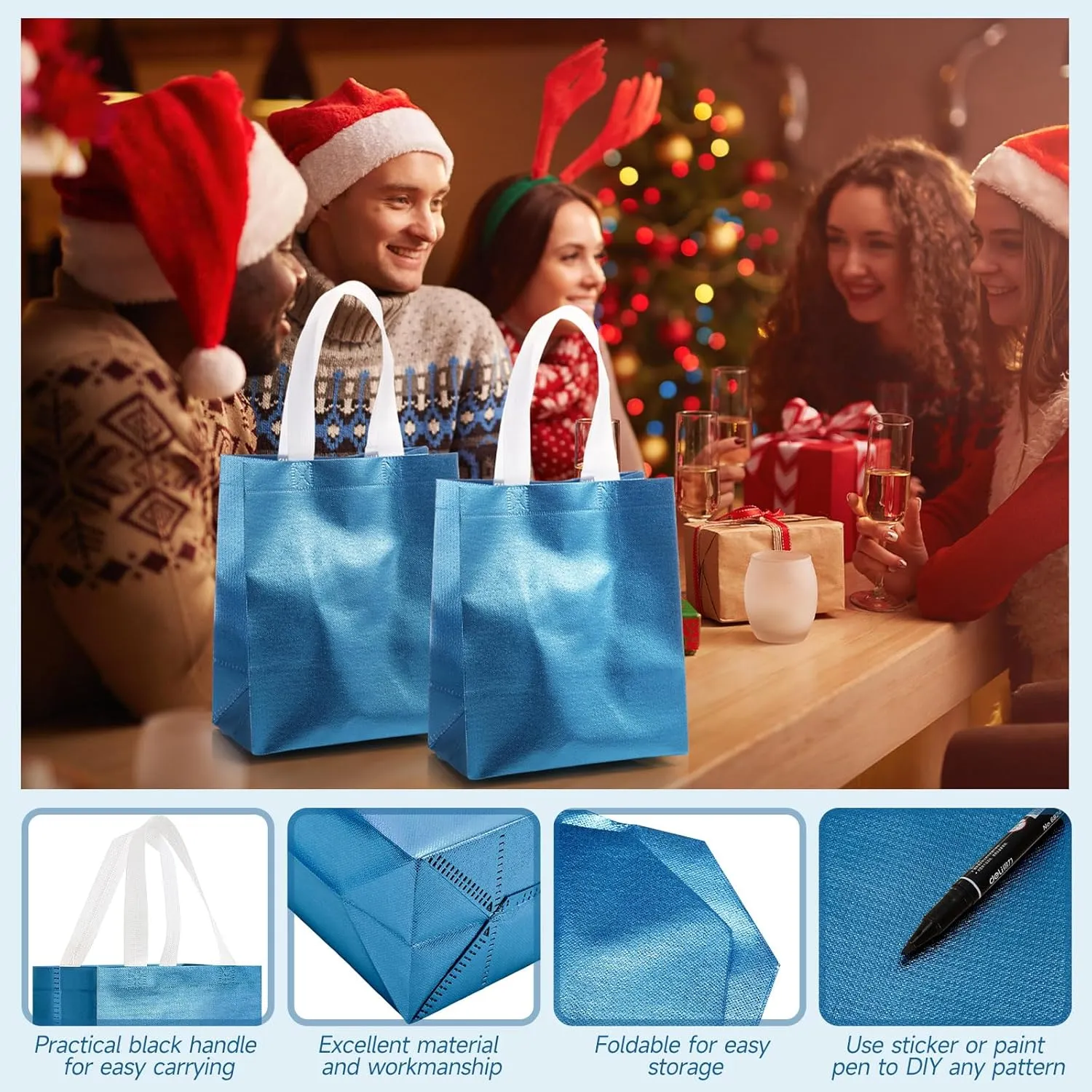 Eccliy 80 Pieces Gift Bags Set Glossy Reusable Tote with Handles Grocery Bags Bulk for Wedding, Bachelorette Party, Christmas(Medium,Lake Blue)