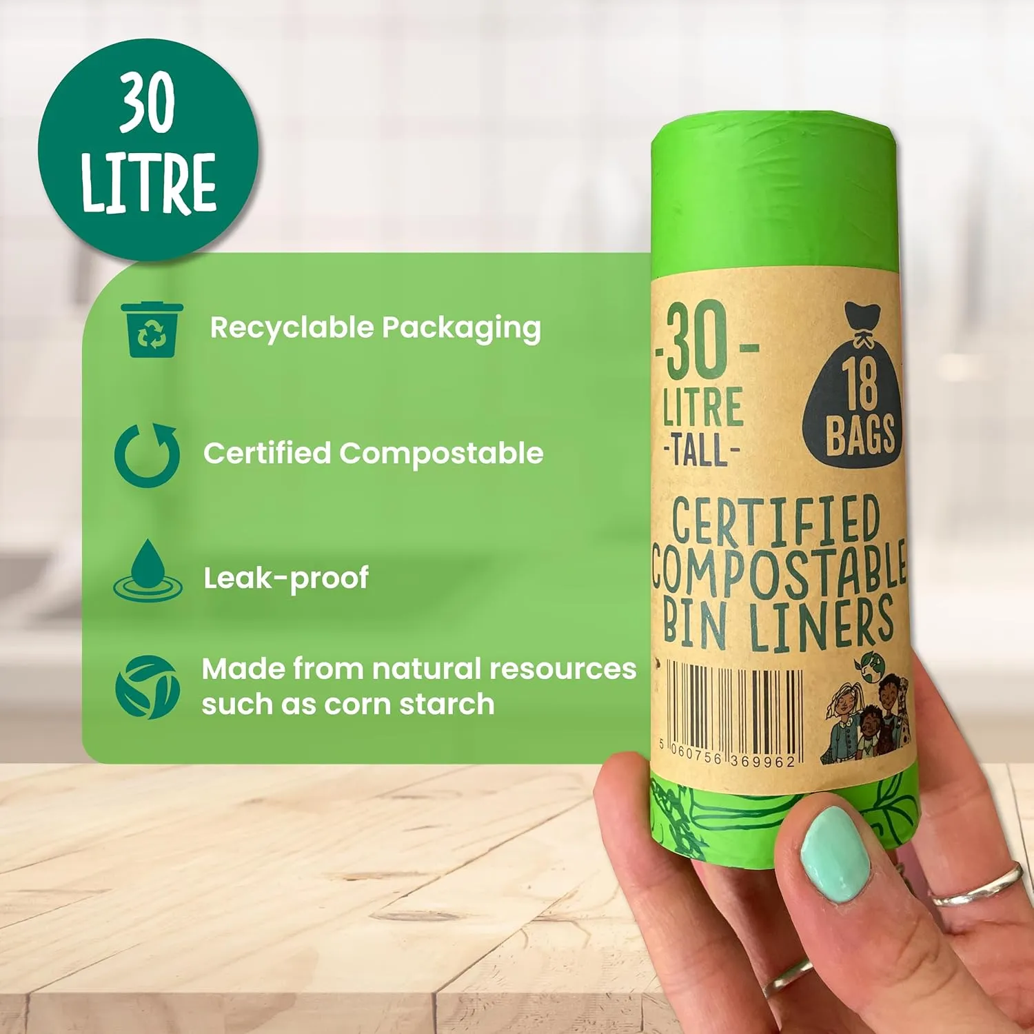 Eco Green Living Plastic Free, Strong and Leak Proof Refuse Sacks, Medium Bin Bags for Food Waste and Kitchen Bin, Tie Handle Garbage Bags, 72 Bags, 7.93 Gallons
