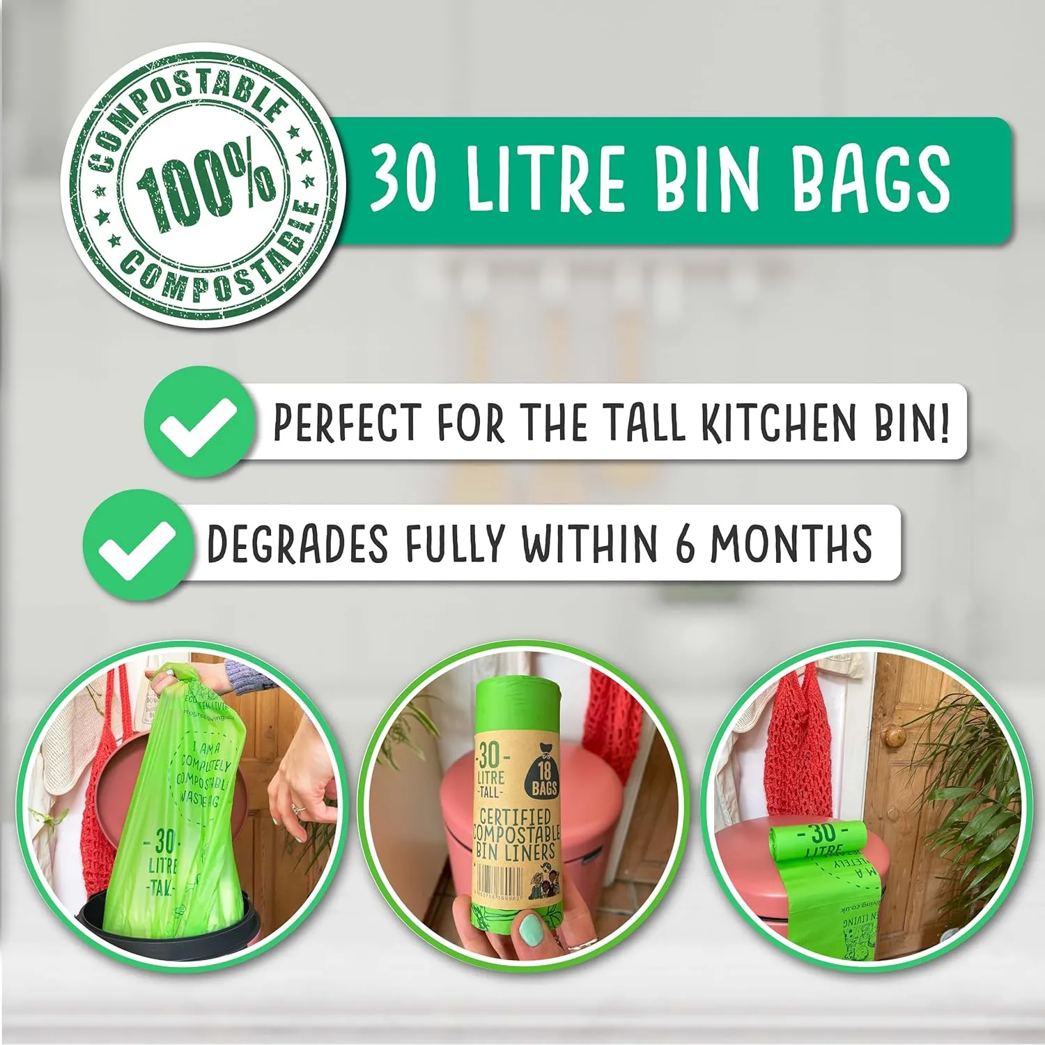 Eco Green Living Plastic Free, Strong and Leak Proof Refuse Sacks, Medium Bin Bags for Food Waste and Kitchen Bin, Tie Handle Garbage Bags, 72 Bags, 7.93 Gallons