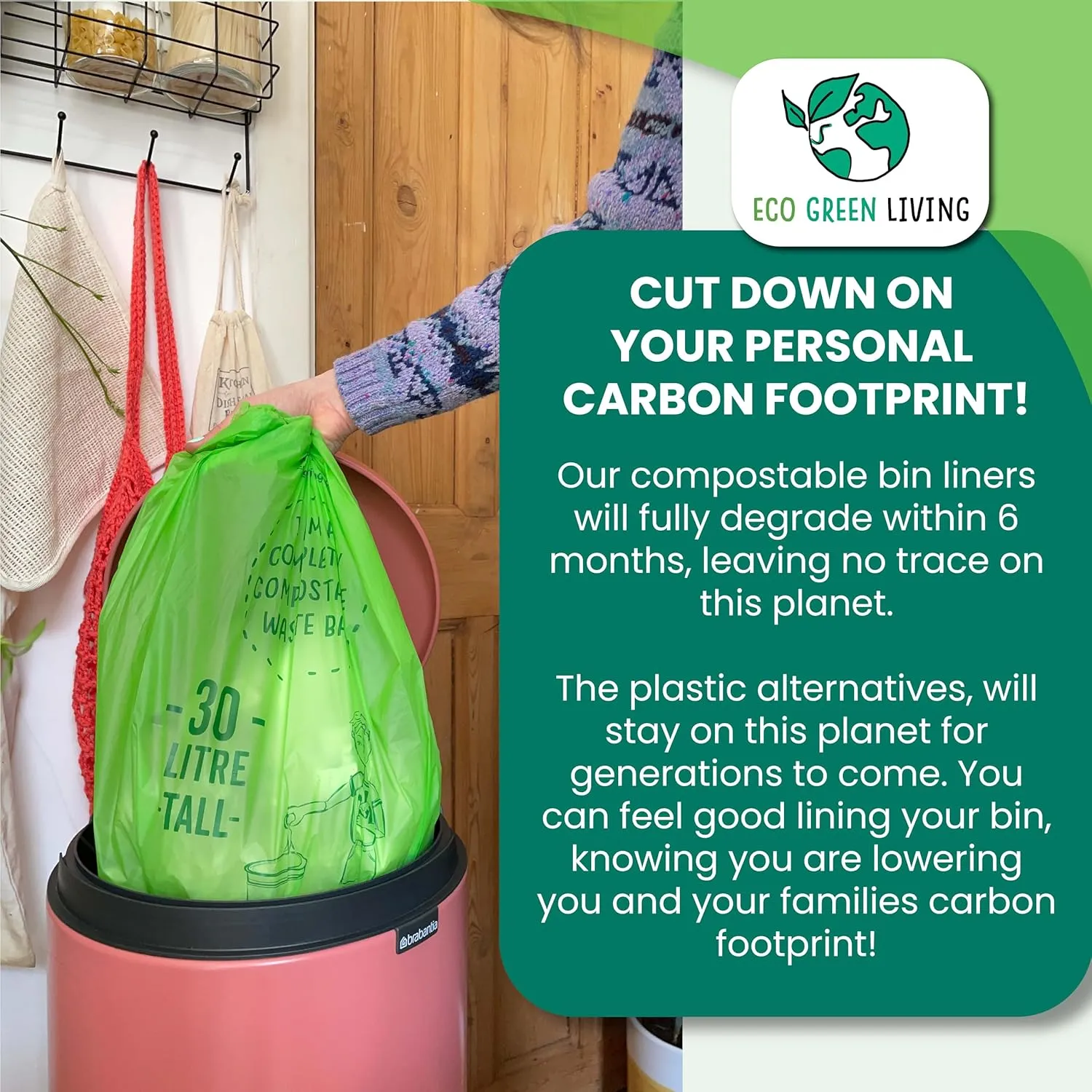 Eco Green Living Plastic Free, Strong and Leak Proof Refuse Sacks, Medium Bin Bags for Food Waste and Kitchen Bin, Tie Handle Garbage Bags, 72 Bags, 7.93 Gallons