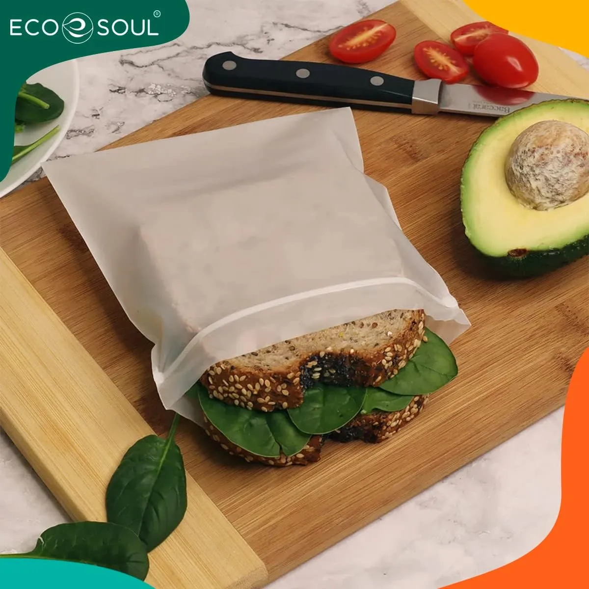 ECO SOUL 100% Compostable Sandwich Bags [100 Counts][7.25"x6"] Resealable Bags for Food, Freezer, Eco-friendly Zip, Reusable Biodegradable
