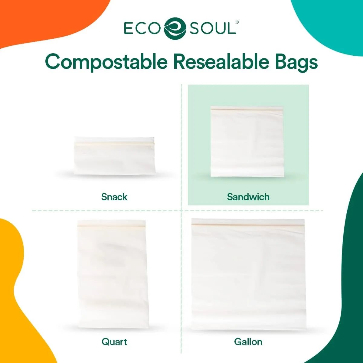 ECO SOUL 100% Compostable Sandwich Bags [100 Counts][7.25"x6"] Resealable Bags for Food, Freezer, Eco-friendly Zip, Reusable Biodegradable