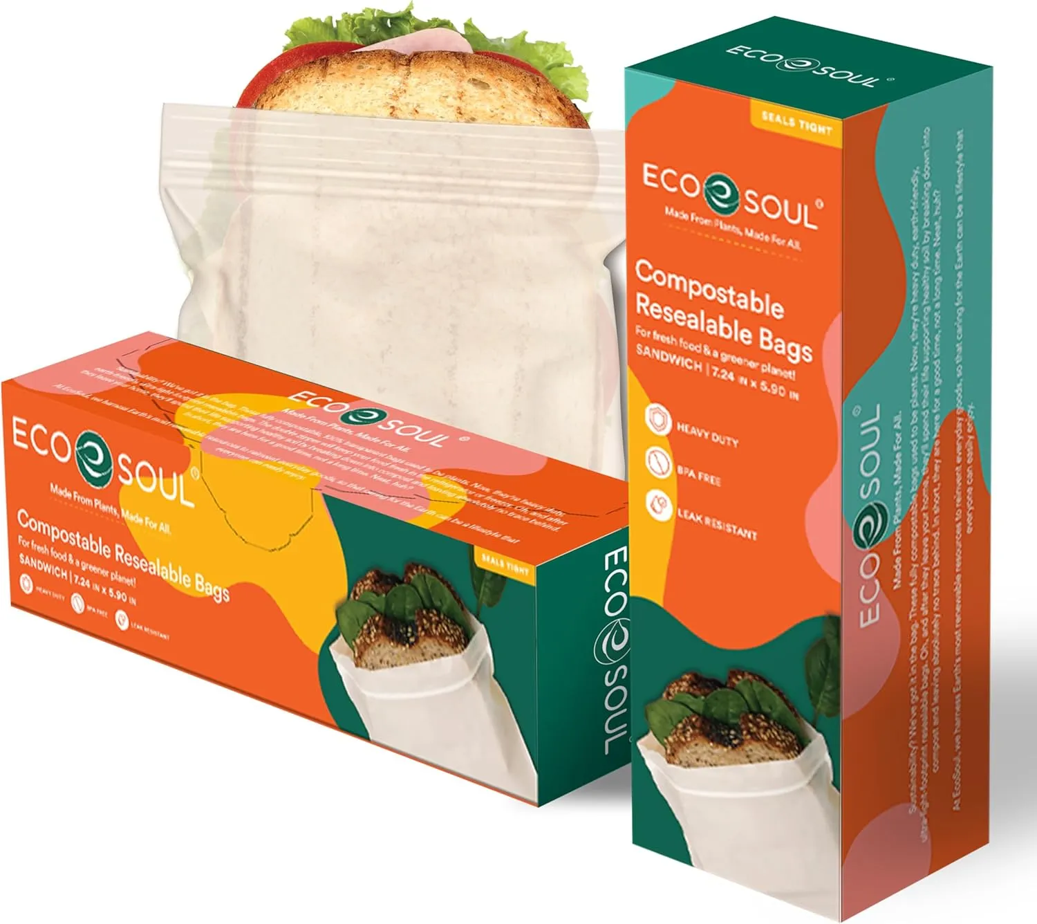 ECO SOUL 100% Compostable Sandwich Bags [100 Counts][7.25"x6"] Resealable Bags for Food, Freezer, Eco-friendly Zip, Reusable Biodegradable
